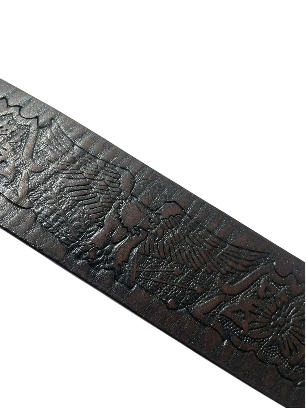 TOOLED Leather Eagle Belt Brown Pewter Buckle Men's Sz XL USA Americana Western